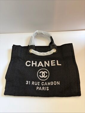 CHANEL Black and White Logo Canvas Tote